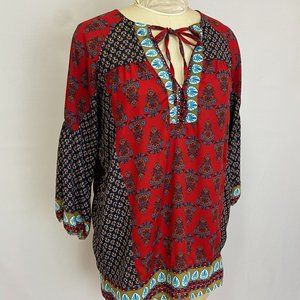 Lightweight Boho Drawstring Tunic Top w/ long sleeves in Maroon/Navy blue